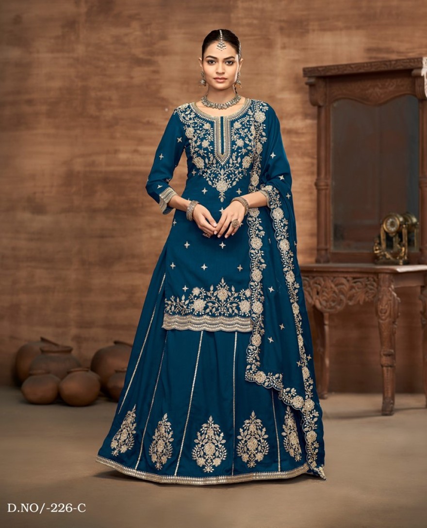 226-blue - Blue Embroidered Traditional Sharara Style Suit.